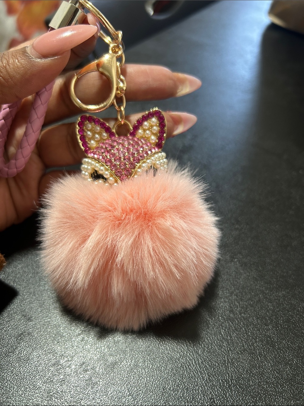 Crystal Fox Pom Pom Keychain - Pink Faux Fur Key & Card Holder Accessory